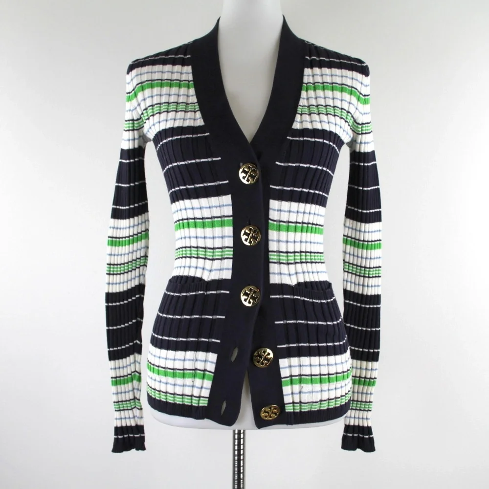 Tory Burch Navy, White & Green Striped Ribbed Cardigan